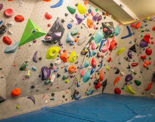 Eine Kletterwand in einer Halle mit unzähligen bunten Klettergriffen in verschiedenen Formen und Farben auf hellem Untergrund und einer blauen Matte am Boden.