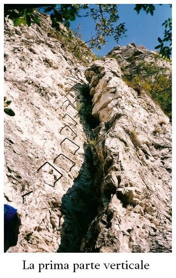 Die erste vertikale Passage: Eine eiserne Leiter führt durch eine eindrucksvolle Felsschlucht ins alpine Licht. Steile, helle Felswand mit einer Eisenleiter in einer schmalen Felsspalte unter blauem Himmel; unten links ist teilweise eine Person zu sehen.