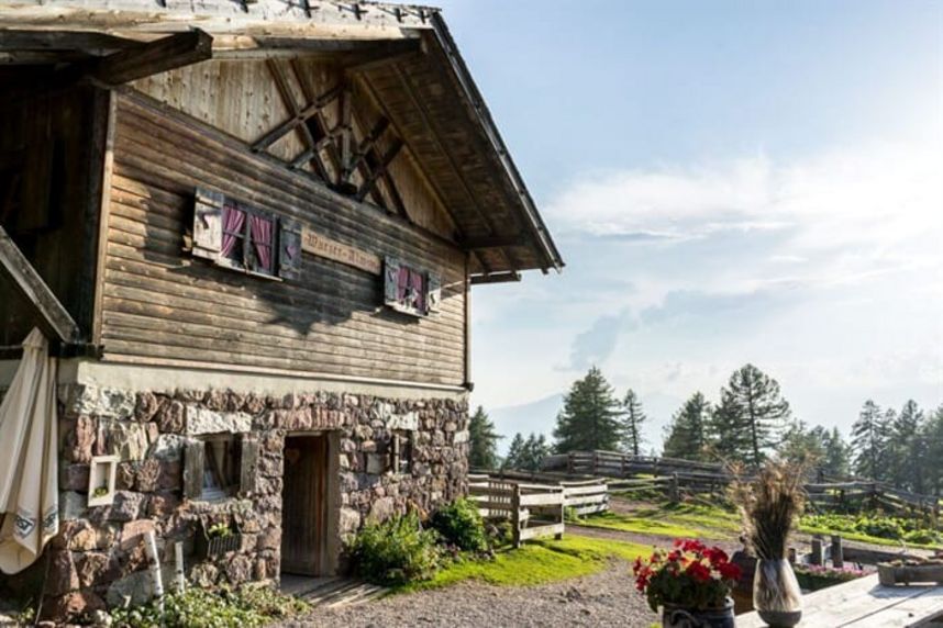 Sonniger Rückzugsort in den Bergen: Eine charmante Almhütte mit blühenden Details und weitem Ausblick. Rustikale Berghütte aus Holz und Naturstein mit Blumenschmuck, Holzzaun und Berglandschaft im Hintergrund.