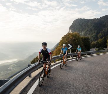 Gemeinsame Ausfahrt: Eine sportliche Gruppe genießt das atemberaubende Alpenpanorama auf dem Rennrad. Drei Rennradfahrer fahren bei hellem Tageslicht in einer Kurve auf einer asphaltierten Passstraße am Berg entlang.